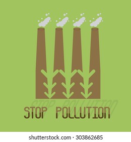 Vector eco sign, logo "Stop pollution". Factory with smokestacks and smoke, trees turned down. Simple design. Save the planet