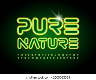 Vector eco sign Pure Nature. Neon Alphabet Letters and Numbers set. Futuristic glowing Font