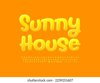 Vector eco sign Sunny House. Yellow Glossy Font. Creative Alphabet Letters, Numbers and Symbols set