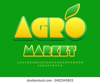 Vector eco Signboard Agro Market. Creative Green and Yellow Font. Bright Trendy Alphabet Letters and Numbers set.