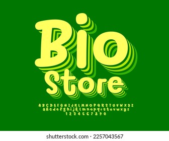 Vector eco Signboard Bio Store. Modern artistic Font. Artistic 3D Alphabet Letters, Numbers and Symbols set