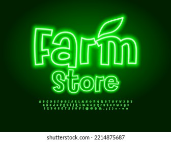 Vector eco Signboard Farm Store. Bright Playful Font. Green Glowing Alphabet Letters and Numbers set