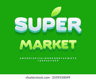 Vector eco signboard Super Market. Modern Green 3D Font. Trendy Alphabet Letters and Numbers.
