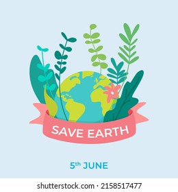 Banner de la plaza Vector eco para el Día Mundial del Medio Ambiente. Tierra de planeta con hierba, hierbas, plantas, hojas y flores y lazo rosa de ilustración plana. 5 de junio