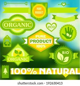 Vector eco sticker collection, on blurred textured background