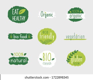 Vectorökoaufkleber, Bio-Logos oder -Zeichen. Vegan, roh, gesund Essen Abzeichen, Tags für Café, Restaurants, Produkte Verpackung etc.