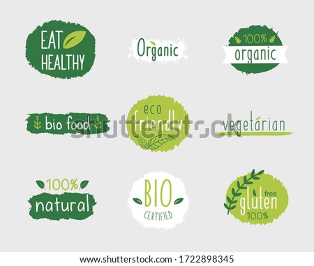 Vector eco stickers, organic, bio logos or signs. Vegan, raw, healthy food badges, tags set for cafe, restaurants, products packaging etc.