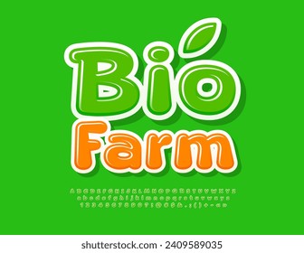 Vector eco template Bio Farm. Glossy Green Font. Bright Alphabet Letters, Numbers and Symbols set. 