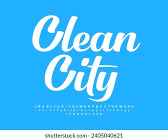 Vector eco template Clean City. Beautiful Cursive Font. Modern White Alphabet Letters and Numbers set.