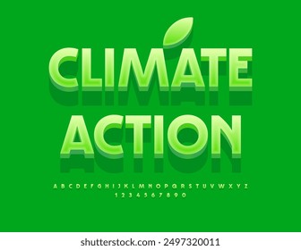 Vector eco template Climate Action. Trendy Green 3D Font. Artistic Alphabet Letters and Numbers set.