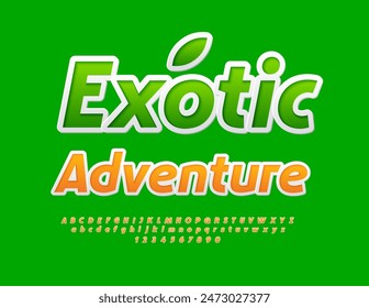 Vector eco template Exotic Adventure. Bright sticker Font. Decorative Alphabet Letters and Numbers set.