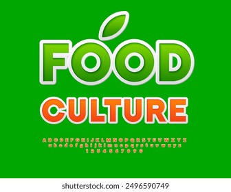 Vector eco template Food Culture. Bright sticker Font. Artistic Alphabet Letters and Numbers set. 