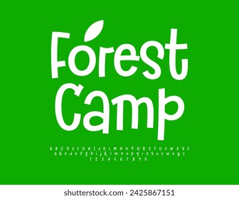 Vector eco template Forest Camp.   Funny Calligraphic Font. Modern White Alphabet Letters und Numbers.