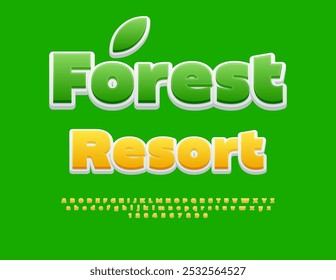 Vector eco Plantilla Forest Resort. Sunny Yellow Fuente. Conjunto de letras y números del alfabeto artístico.