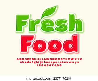 Vector eco template Fresh Food. Artistic Red Font. Stylish glossy Alphabet Letters and Numbers set