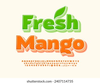 Plantilla de vectores eco Mango fresco. Fuente 3D creativa brillante. Letras y números de alfabeto naranja a la moda