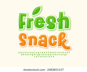 Vector eco template Fresh Snack. Funny Green Font. Glossy Playful Alphabet Letters and Numbers set