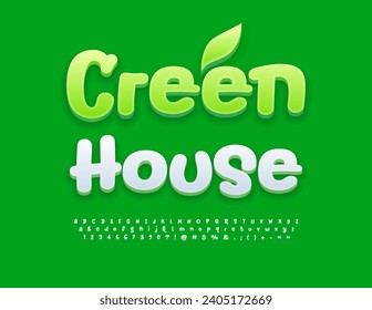 Vector eco template Green House. Creative White 3D Font. Funny handwritten Alphabet Letters, Numbers and Symbols set