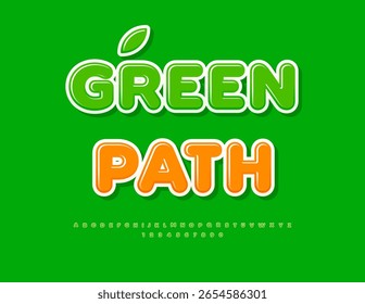 Vector Eco template Green Path. Glossy Round Font. Cute Green Alphabet Letters and Numbers.