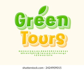 Vector eco template Green Tours. Creative Green 3D Font. Modern Alphabet Letters and Numbers set.