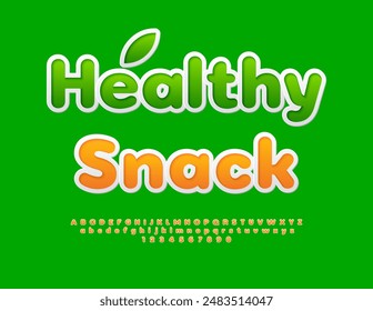 Vector eco template Healthy Snack. Bright sticker Font. Artistic Alphabet Letters and Numbers set