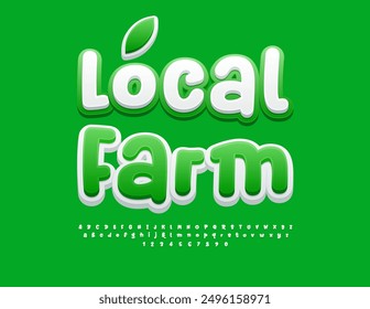 Vector eco template Local Farm. White and Green bright Font. Artistic Alphabet Letters and Numbers set. 