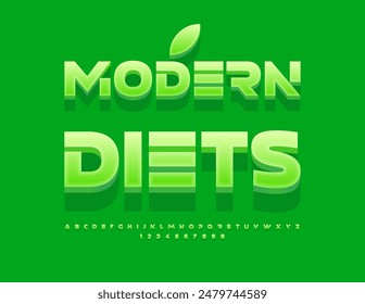 Vector eco template Modern Diets. Futuristic Green Font. Modern 3D Alphabet Letters and Numbers set.