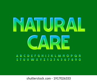 Vector eco template Natural Care. Gradient color Font. Shiny creative Alphabet Letters and Numbers set