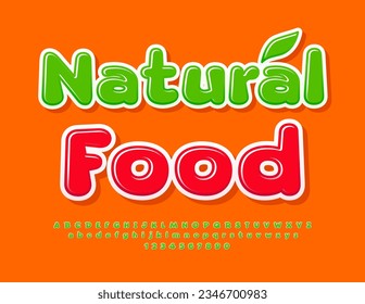 Vector eco template Natural Food with decorative Leaf. Funny Glossy Font. Green Alphabet Letters, Numbers and Symbols