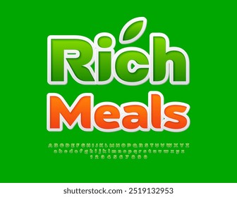 Vector eco Plantilla Rich Meals. Fuente 3D verde artística. Conjunto de letras y números de alfabeto creativo.