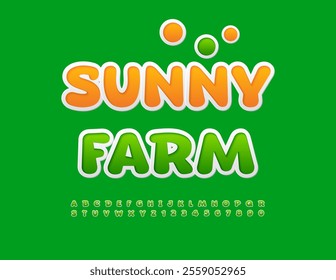 Vector eco template Sunny Farm. Cute Sticker style Font. Creative set of Green Alphabet Letters and Numbers.