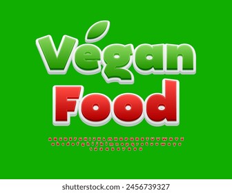 Vector eco template Vegan Food. Creative Red Font. Bright Alphabet Letters and Numbers set.