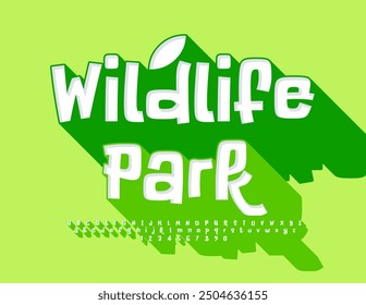 Vector eco template Wildlife Park. Bright 3D Font with Big Shadow. Funny Alphabet Letters and Numbers set.