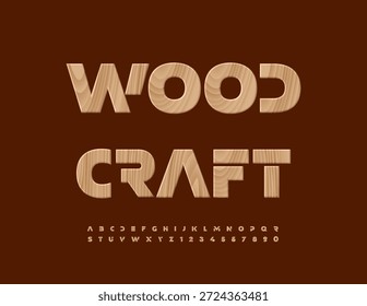 Vector Eco template Wood Craft with Unique Font. Tree pattern set of Alphabet Letters and Numbers