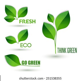 Vector Eco text with leaves. Ecology concept. Think green, go green and fresh