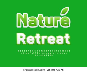 Vector Ecologic Advertisement Nature Retreat. Creative White and Green Font. Decorative Alphabet Letters and Numbers set. 