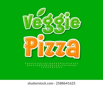 Vector Ecologic Advertisement Veggie Pizza. Fresh Funny Font. Bright Glossy Alphabet Letters and Numbers set.