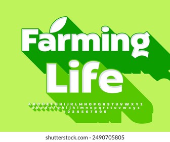 Vektorgrafik ökologisches Abzeichen Farming Life. Helle 3D-Schrift mit großem grünen Schatten. Dekorative Buchstaben und Zahlen.