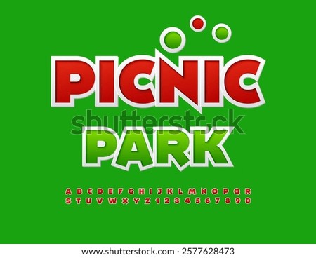 Vector Ecologic badge Picnic Park. Modern Red Sticker Font. Bright Uppercase Alphabet Letters and Numbers set.