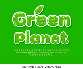 Vector ecologic concept Green Planet. Creative Glossy Font. Modern Alphabet Letters and Numbers