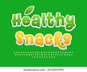 Vector ecologic concept Healthy Snacks. Creative Green Font. Funny Alphabet Letters and Numbers set.