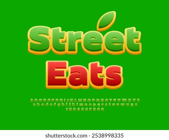 Vector ecologic concept Street Eats. Green and Yellow Bright Font. Creative Alphabet Letters and Numbers set.