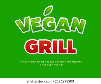 Vector Ecologic label Vegan Grill. Classic Green Font. Digital Sticker style Alphabet Letters and Numbers set.