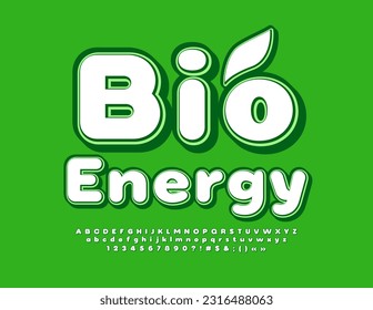 Vector ecologic sign Bio Energy with decorative Leaf. Alphabet Letters, Numbers and Symbols set. White and Green modern Font