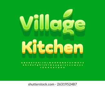 Vector Ecologic signboard Village Kitchen. Fresh Green Font. Creative Isometric Alphabet Letters and Numbers set.