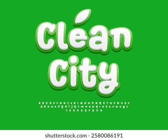 Vector Ecologic template Clean City. Bright White and Green Font. Artistic Alphabet Letters and Numbers set.