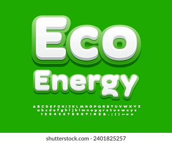 Vector ecologic template Eco Energy. White and Green bright Font. Artistic Alphabet Letters and Numbers.