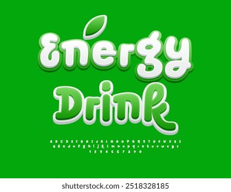 Vector ecologic template Energy Drink. White and Green Bright Font. Funny Alphabet Letters and Numbers set.