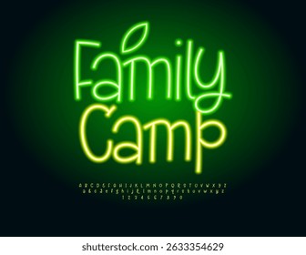 Vector Ecologic template Family Camp. Glowing Playful Font. Funny Neon Alphabet Letters and Numbers set. 