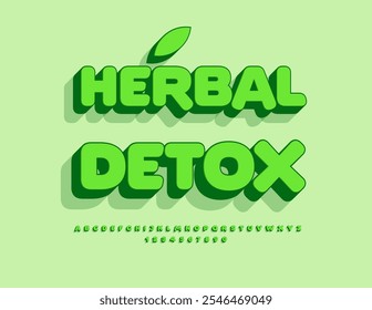 Vector ecologic template Herbal Detox . Bright 3D Font. Exclusive Green Alphabet Letters and Numbers set.
